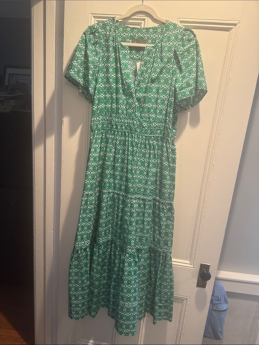 Anthropologie Green Print Tiered Midi Dress